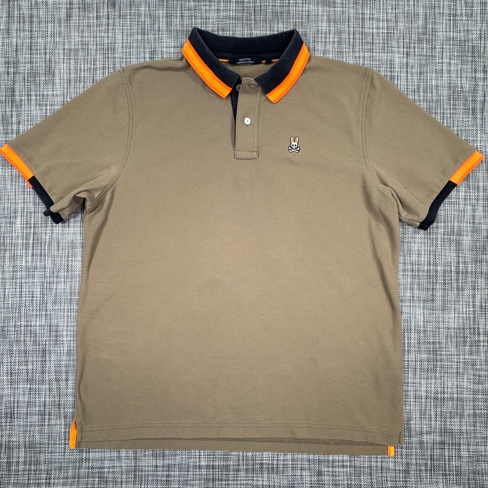 Psycho Bunny Mens Polo Shirt Pima Cotton Tipped Collar Brown Orange Size 7 XL